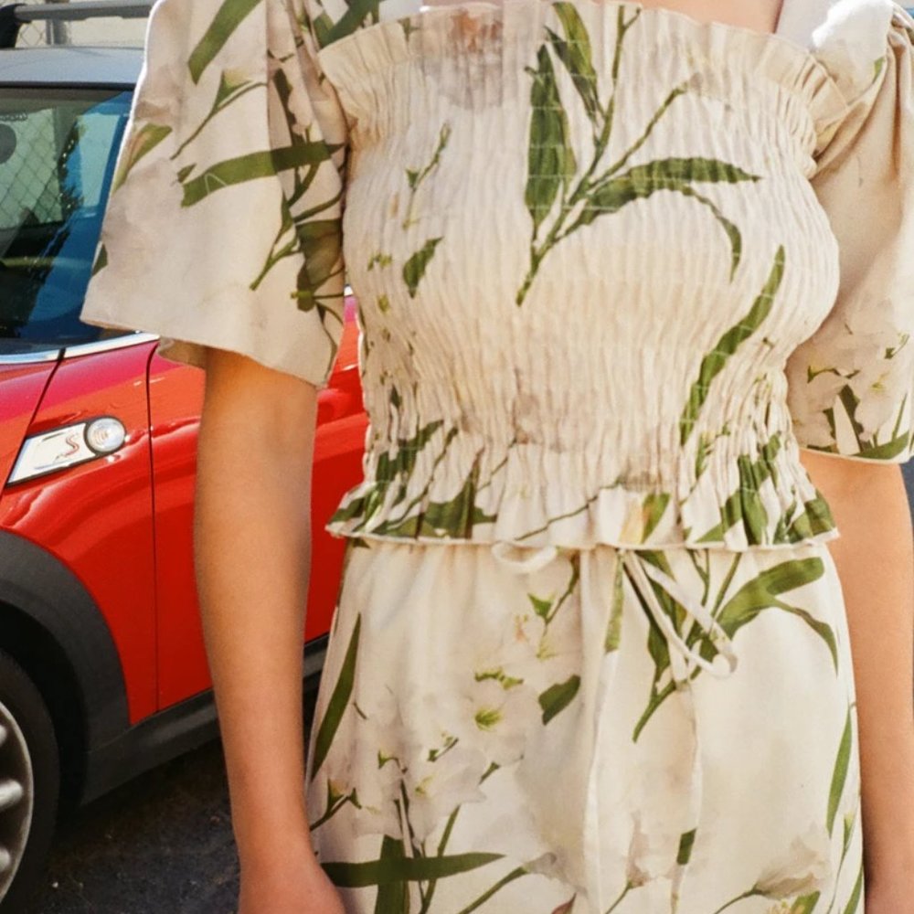 Lisa Says Gah Cream Crop Top with Green Botanical Print